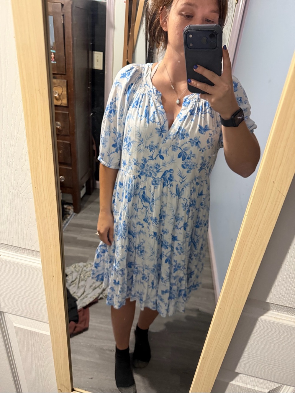 crown & ivy White Midi Dress with Blue Floral Print